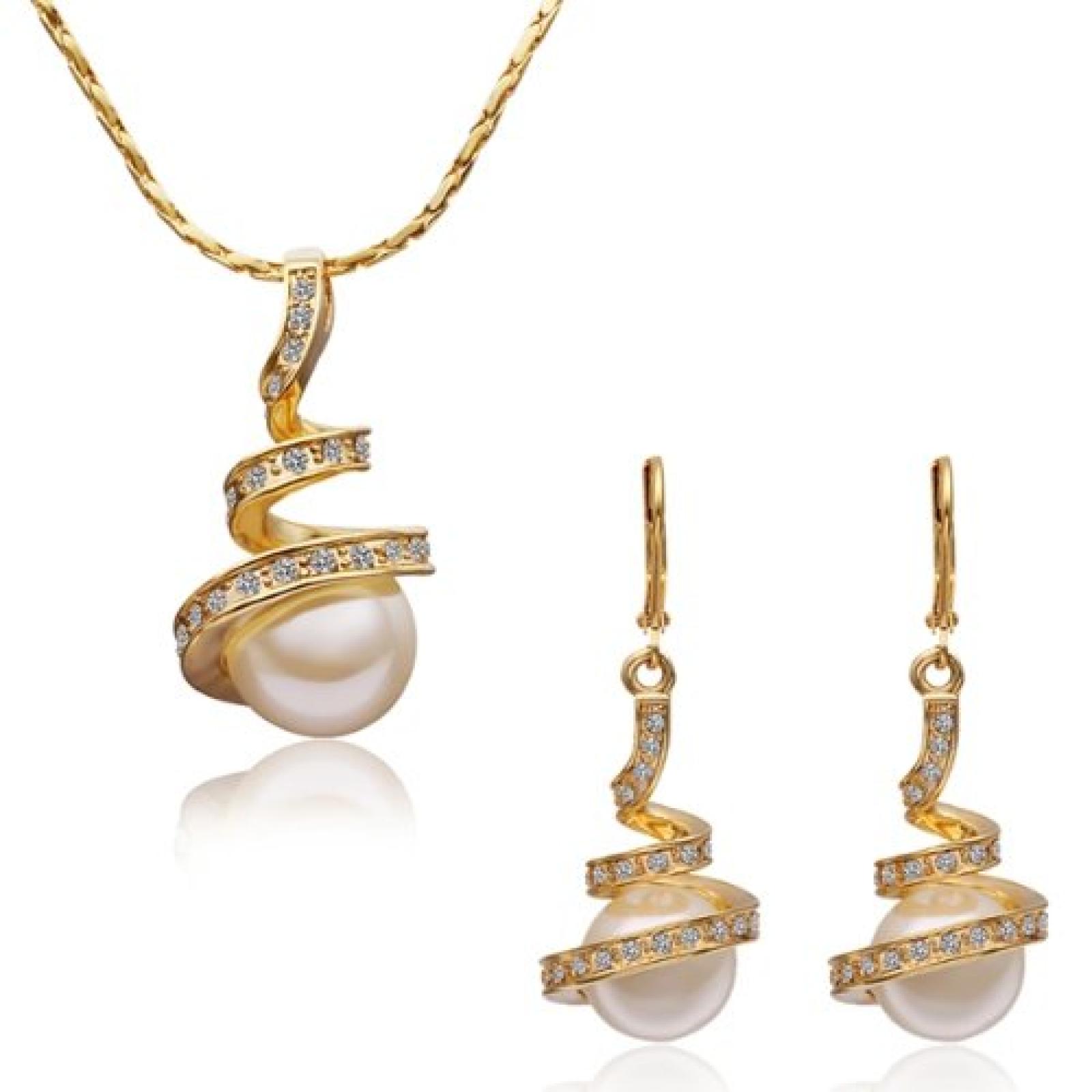 Weihnachtsgeschenke MARENJA Fashion SALE-Damen Schmuck-Set Kette und Ohrringe "Sommerlaue Wind" Vergoldet künstliche Perlen weiß österreichischen Kristall transparent Geschenke für Frauen Hochzeit Schmuck 